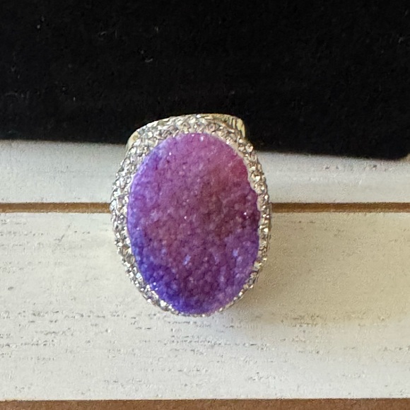 Lavender Crystal Geode Rhinestone Inlay, Gold Wide Band Design, Adjustable Ring - Picture 10 of 11